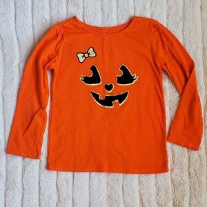 Toddler Girls Orange Jack-O-Lantern Pumpkin & Bow Halloween Long Sleeve Shirt